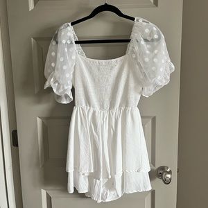 White Puff Sleeve Polka Dot Romper